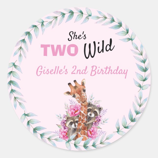 She's Two Wild Safari Giraffe Floral Birthday Classic Round Sticker (Front)