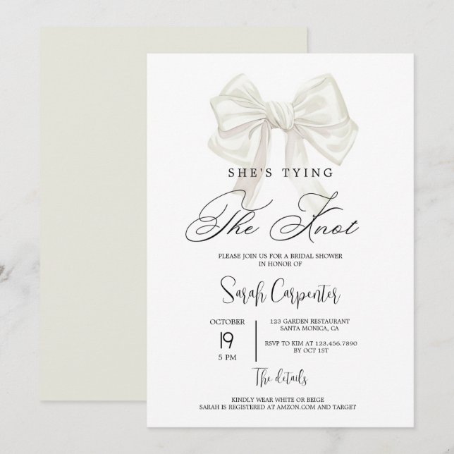 She's Tying the Knot Beige Bow Bridal Shower Invitation (Front/Back)