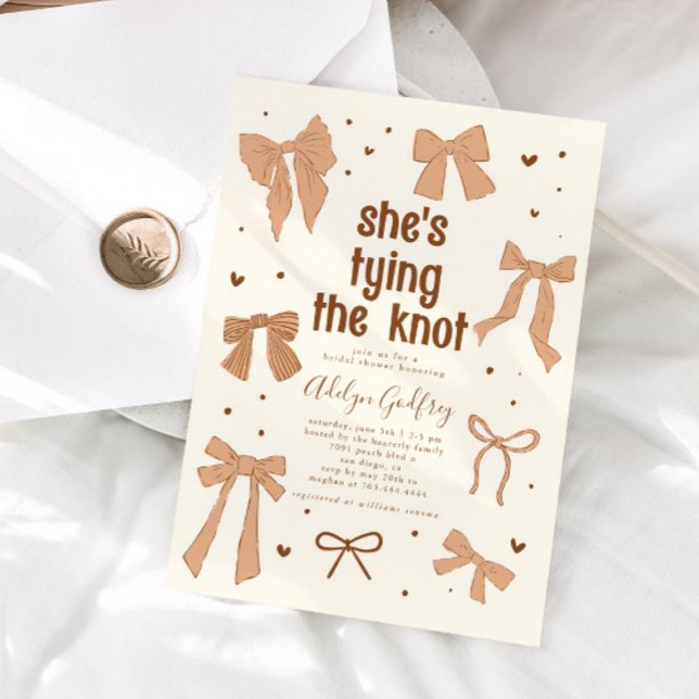 She's Tying The Knot Beige Bow Bridal Shower Invitation (Creator Uploaded)