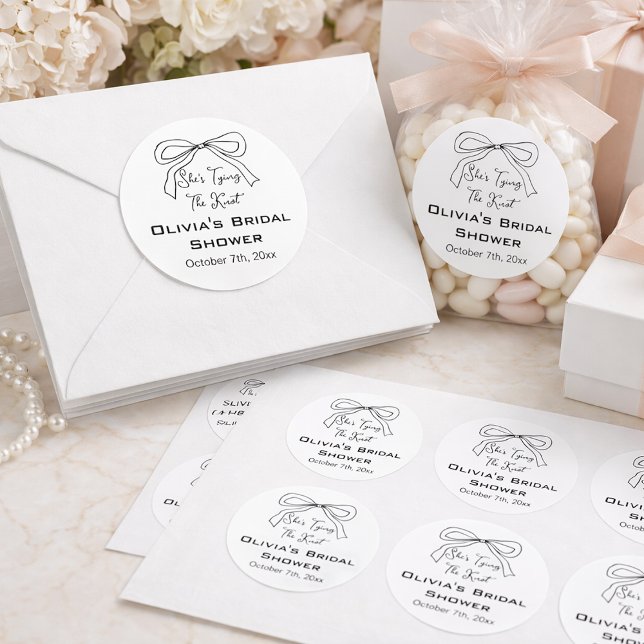 She's Tying the Knot Black Bow Bridal Shower Classic Round Sticker (Creator Uploaded)