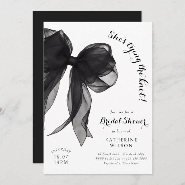 She's Tying The Knot Black Bow Bridal Shower Invitation (Front/Back)