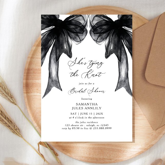 She's Tying The Knot Black Bow Bridal Shower Invitation (Creator Uploaded)