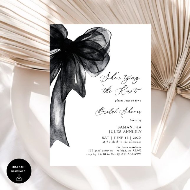 She's Tying The Knot Black Bow Bridal Shower Invitation (Creator Uploaded)