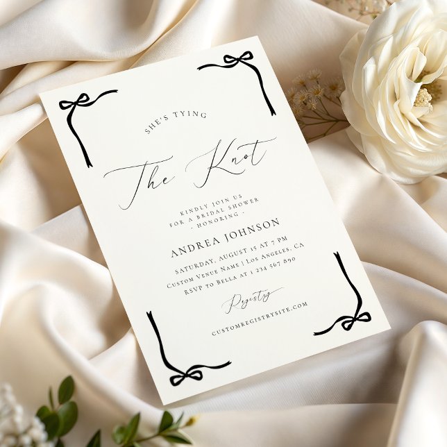 She's Tying the Knot Black Bow Frame Bridal Shower Invitation (Creator Uploaded)