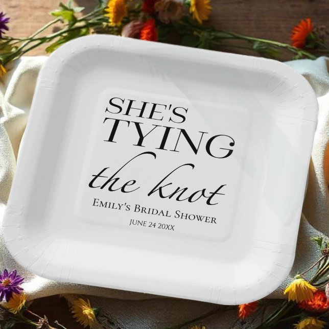 She's tying the knot | Black & White Bridal Shower Paper Plate (Creator Uploaded)