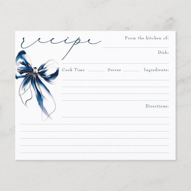 She's Tying the Knot Blue Bow Bridal Recipe Card (Front)