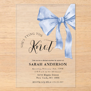 She's Tying the Knot blue bow Bridal Shower Acrylic Invitations