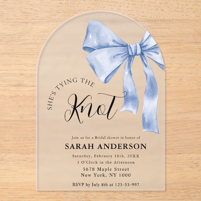 She's Tying the Knot blue bow Bridal Shower  Acrylic Invitations (Front)
