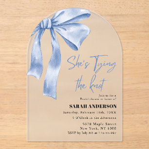 She's Tying the Knot blue bow Bridal Shower Acrylic Invitations