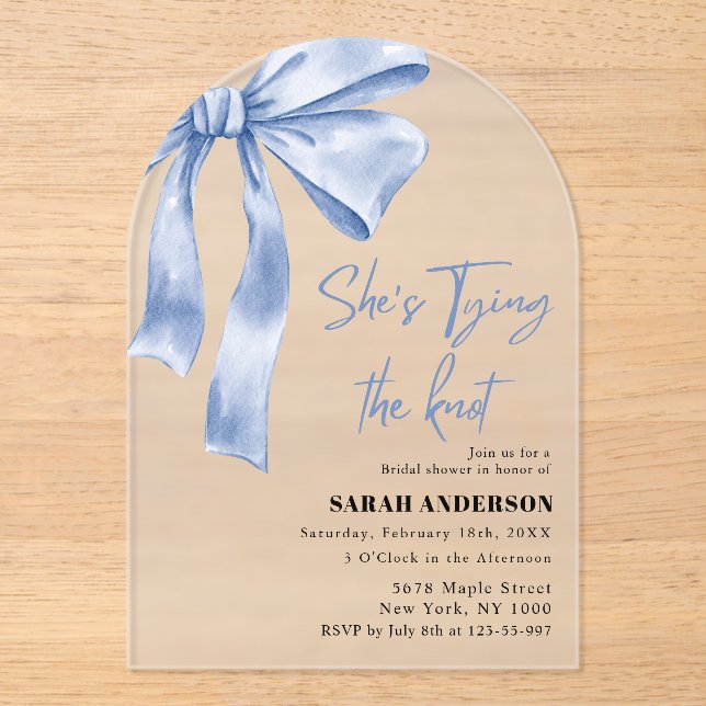 She's Tying the Knot  blue bow Bridal Shower  Acrylic Invitations (Front)