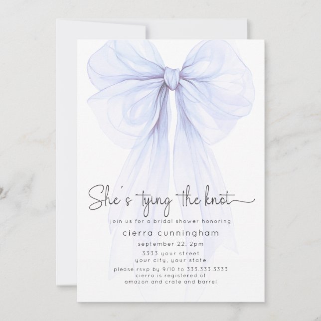 She's Tying the Knot Blue Bow Bridal Shower Invitation (Front)