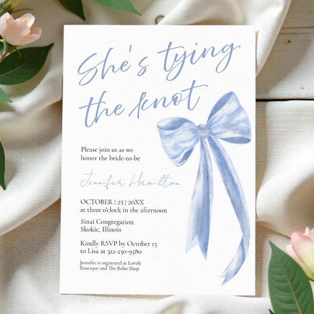 She's Tying the Knot | Blue Bow Bridal Shower Invitation (Creator Uploaded)