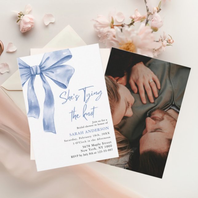 She's Tying the Knot  blue bow Bridal Shower  Invitation (Creator Uploaded)