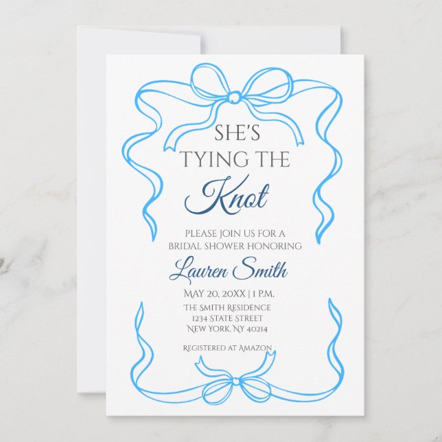 Shes Tying the Knot - Blue Bridal Shower Invite (Front)