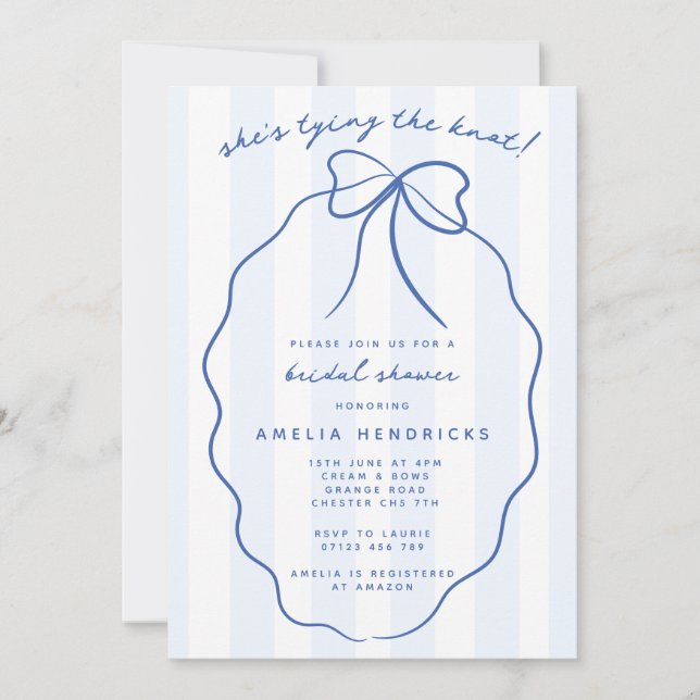 She's Tying the Knot Blue Doodle Bridal Shower Invitation (Front)