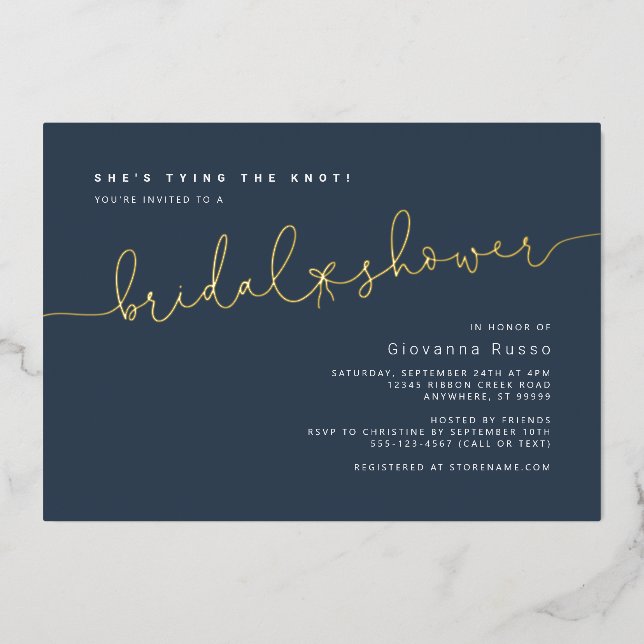 She's Tying the Knot Blue Gold Bridal Shower (Front)