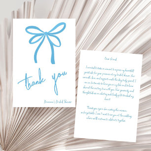 She's tying the knot blue ribbon bow  thank you card