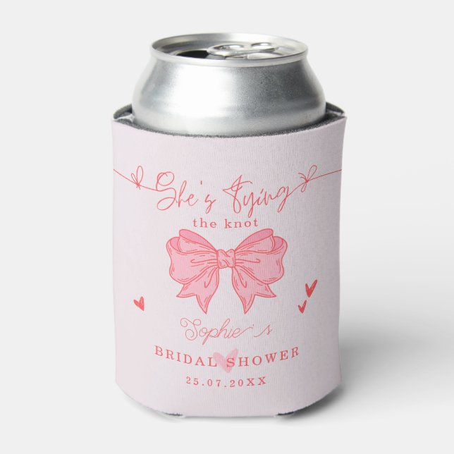 She's Tying the Knot Blush Pink Bow Bridal Shower Can Cooler (Can Front)