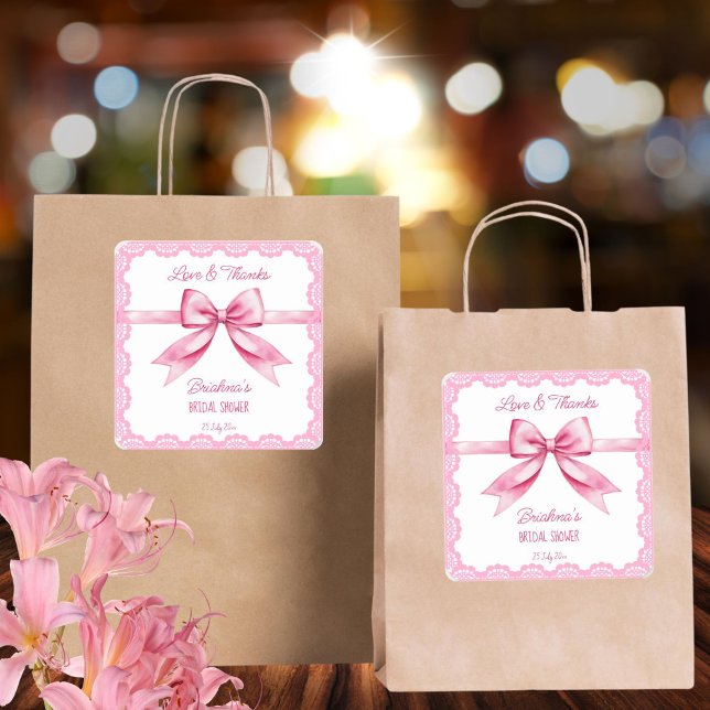 She's tying the knot bow bridal shower favour square sticker (She's tying the knot bow coquette bridal shower thank you favor stickers vintage lace elegant)