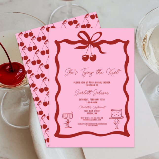 She's Tying the Knot Bow Cherry Red Bridal Shower Invitation (Pink and Cherry Red She's Tying the Knot Bow Bridal Shower Invitations, Chic Trendy, Wavy, Cherries)