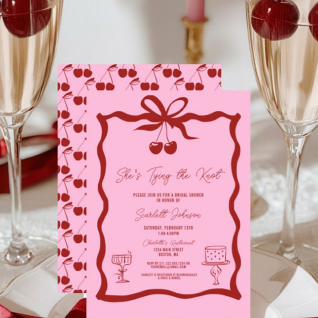She's Tying the Knot Bow Cherry Red Bridal Shower Invitation (Pink and Cherry Red She's Tying the Knot Bow Bridal Shower Invitations, Chic Trendy, Wavy, Cherries)