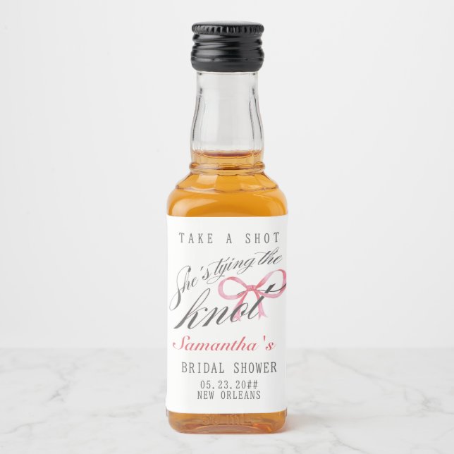 She's Tying the Knot Bow Coquette Bridal Shower Liquor Bottle Label (Front)