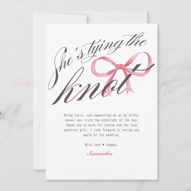 She's Tying the Knot Bow Coquette Bridal Shower Thank You Card (Front)