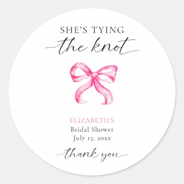 She's Tying the Knot Bridal Shower Custom Classic Round Sticker (Front)