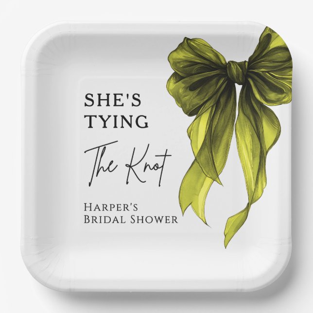 She's Tying The Knot Chartreuse Bow Bridal Shower Paper Plate (Front)