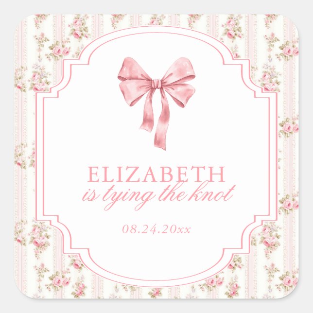 She's Tying the Knot Coquette Bow Bridal Shower Square Sticker (Front)