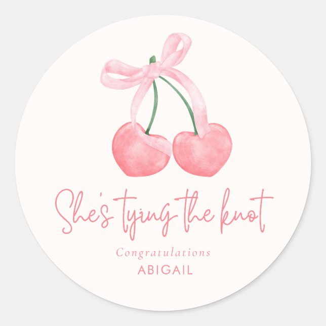 She's Tying the Knot Coquette Bridal Shower Favour Classic Round Sticker (Front)