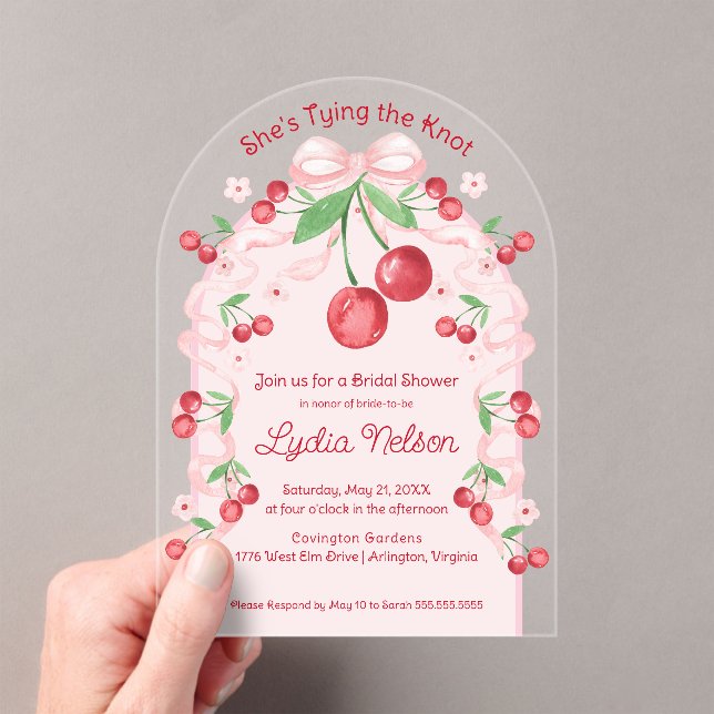 She's Tying the Knot Coquette Cherry Bridal  Acrylic Invitations (Insitu (Handheld))