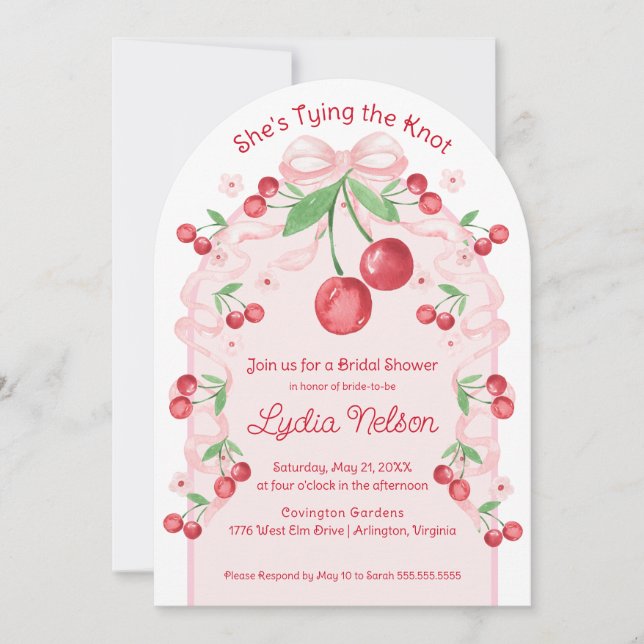 She's Tying the Knot Coquette Cherry Bridal  Invitation (Front)