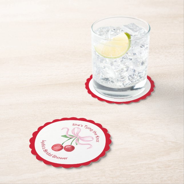 She's Tying the Knot Coquette Cherry Bridal Shower Paper Coaster (Insitu)