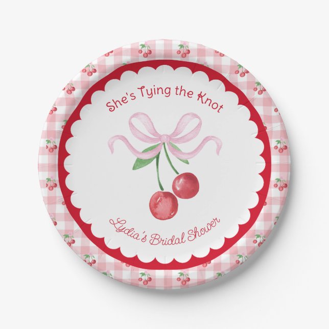 She's Tying the Knot Coquette Cherry Bridal Shower Paper Plate (Front)
