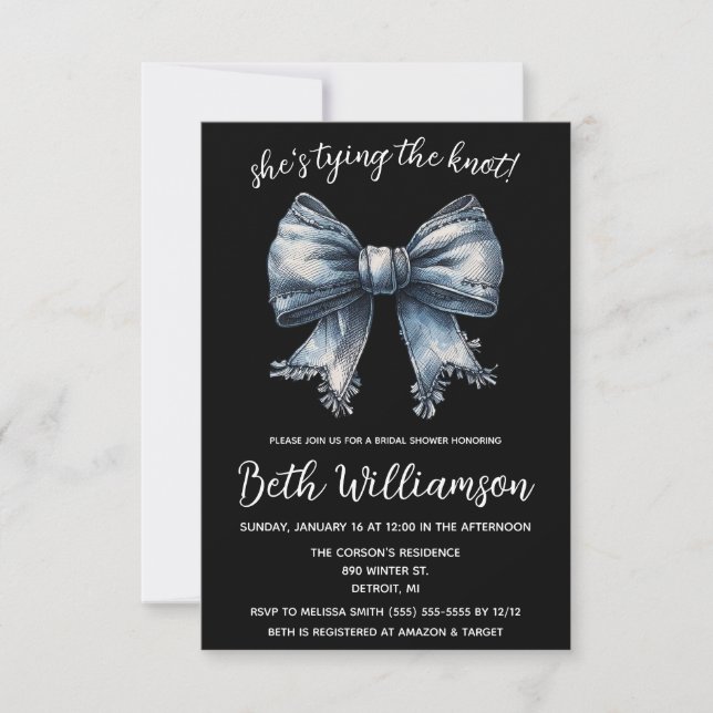 She's Tying the Knot Denim Coquette Bridal Shower Invitation (Front)