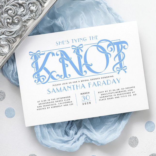 She's Tying The Knot Dusty Blue Bow Bridal Shower Invitation (Dusty Blue Bow Bridal Shower Invitation with luxury rococo era's design)