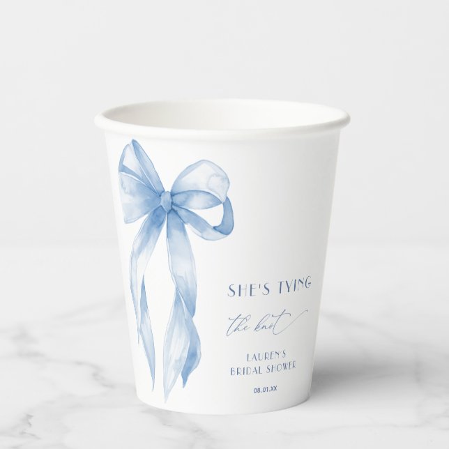 Shes Tying The Knot Dusty Blue Bow Bridal Shower Paper Cups (Front)