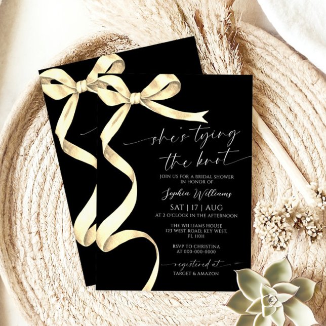 She's Tying the Knot Gold Bow Bridal Shower Invitation (Creator Uploaded)