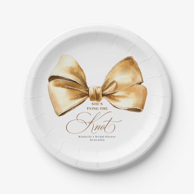 She's Tying The Knot Gold Bow Bridal Shower Paper Plate (Front)