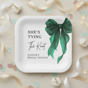 She's Tying The Knot Green Bow Bridal Shower Paper Plate