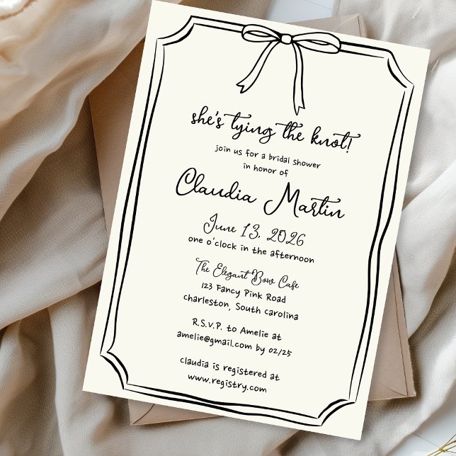 She's Tying the Knot Hand Drawn Bow Bridal Shower Invitation (Creator Uploaded)