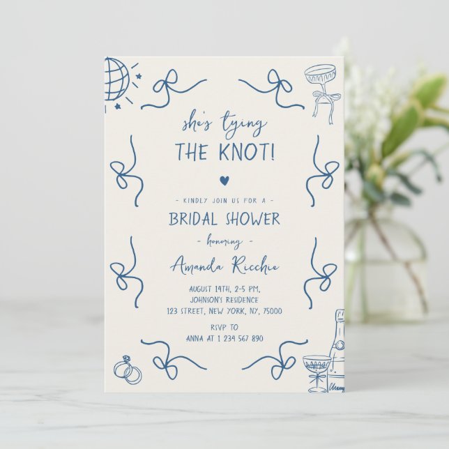 She's Tying the Knot Hand Drawn Fun Bridal Shower Invitation (Standing Front)