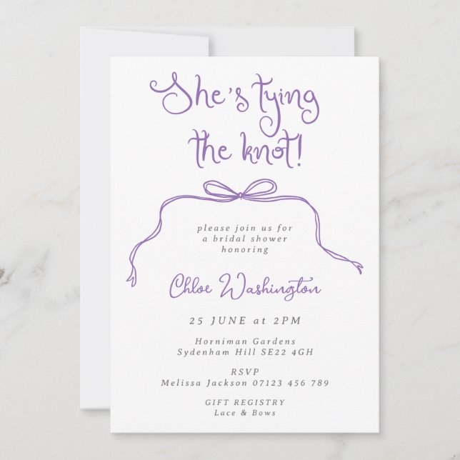 She's Tying the Knot Lilac Fun Bow Bridal Shower Invitation (Front)