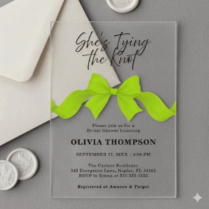 She's Tying the Knot Lime Green Bow Bridal Shower Acrylic Invitations