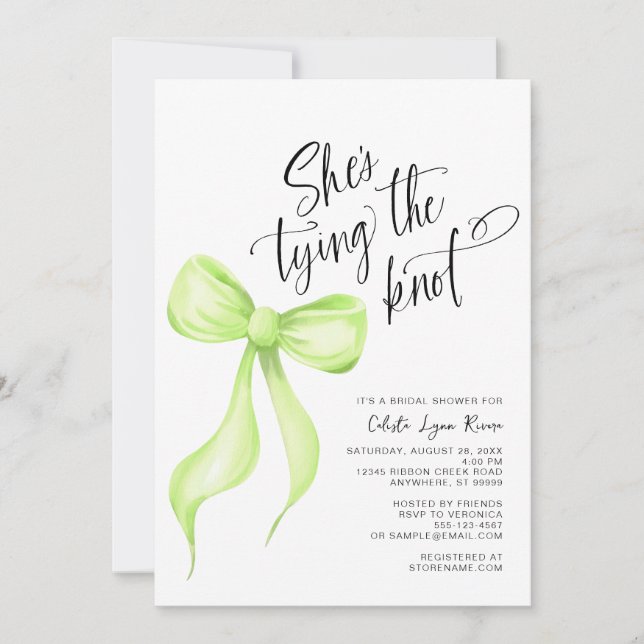 She's Tying the Knot Lime Green Bow Bridal Shower Invitation (Front)