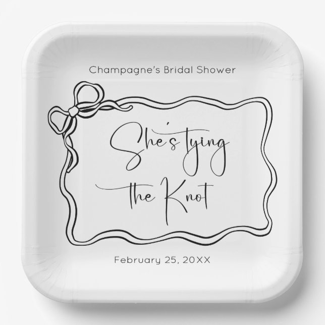 She's Tying The Knot Modern Script Bridal Shower Paper Plate (Front)
