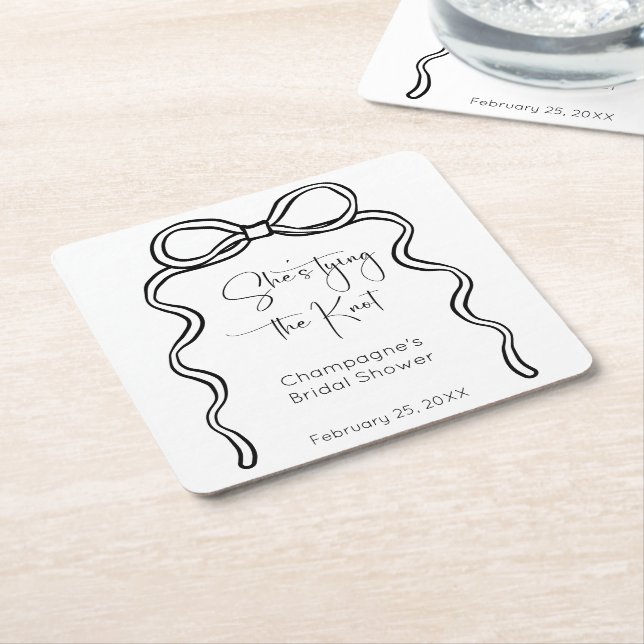 She's Tying The Knot Modern Script Bridal Shower Square Paper Coaster (Angled)