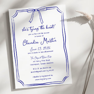 She's Tying the Knot Navy Blue Bow Bridal Shower Invitation
