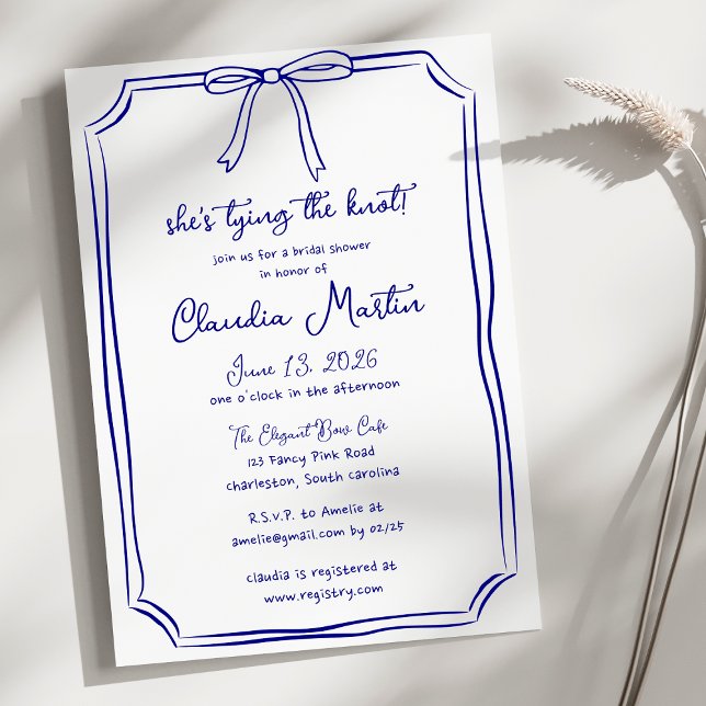 She's Tying the Knot Navy Blue Bow Bridal Shower Invitation (Creator Uploaded)